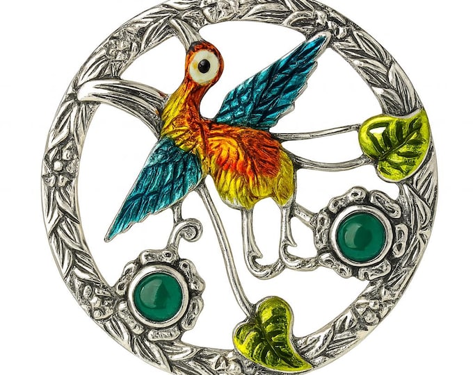 Antique Inspired Enamel Emerald Bird Brooch 925 Sterling Silver