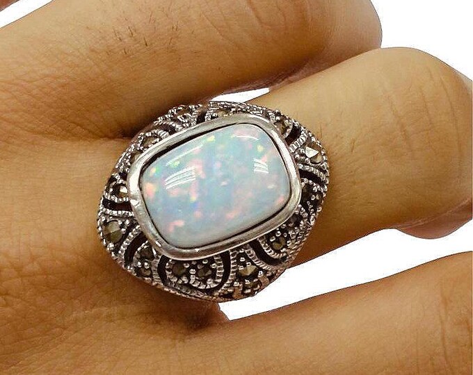 Art Deco Inspired White Gilson Opal and Marcasite Ring 925 Sterling Silver