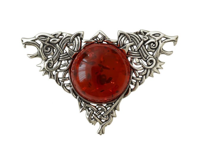 Celtic Style Honey Amber Brooch 925 Sterling Silver
