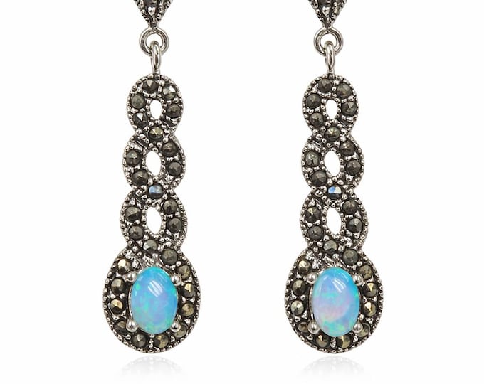 Art Deco Inspired Blue Gilson Opal and Marcasite 925 Sterling Silver Earrings