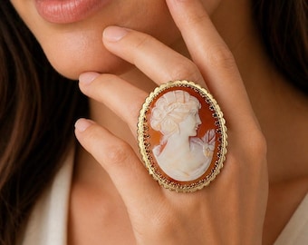 Large Vintage 10K Yellow Gold Cameo Statement Ring
