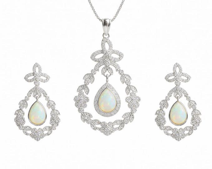 Gilson Opal Cubic Zirconia Earrings and Pendant Set 925 Sterling Silver Hallmarked