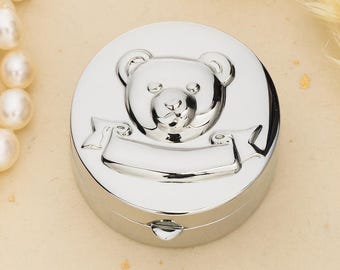 Caja de recuerdos de osito de peluche de plata esterlina, soporte para dientes de leche/rizos