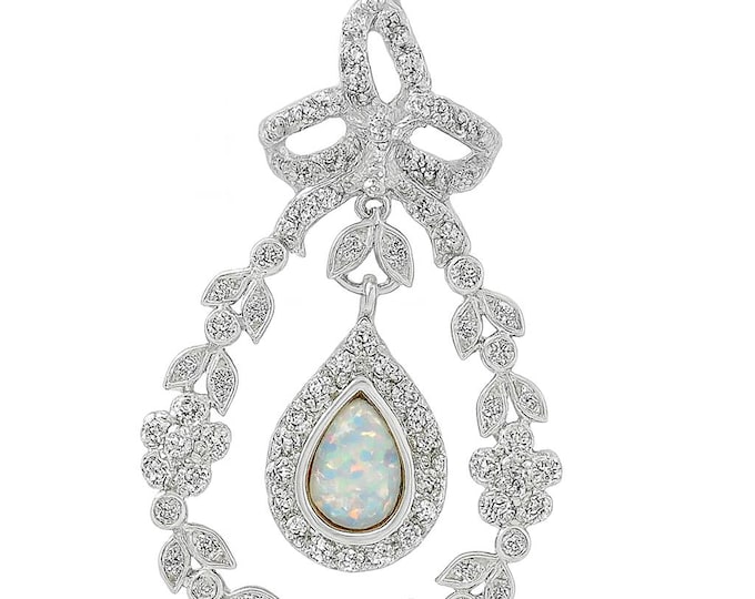 925 Sterling Silver Opal Pendant Vintage Style Teardrop Necklace with Cubic Zirconia Accents