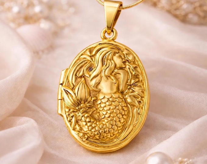 Victorian Mermaid Locket Necklace, Gold Plated 925 Sterling Silver Art Nouveau Pendant