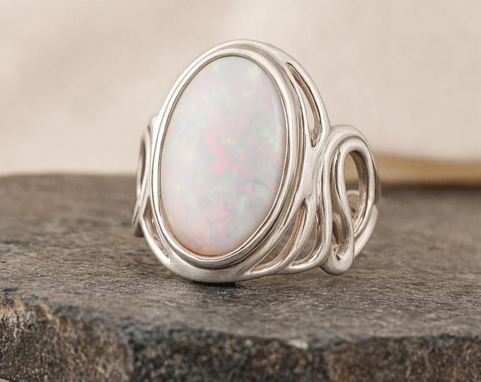 Gilson Opal and CZ Diamond Round Ring 925 Sterling Silver