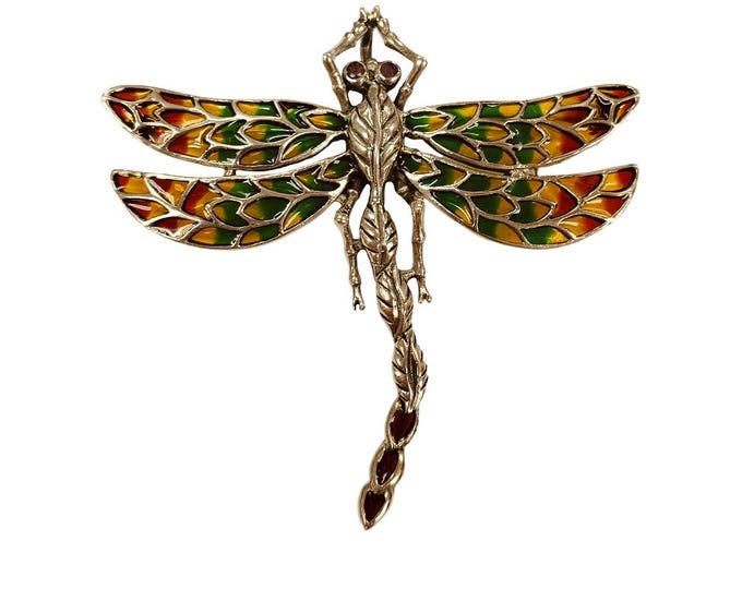Antique Inspired Enamel Plique a Jour Marcasite Dragonfly Brooch Ruby Eyes 925 Sterling Silver