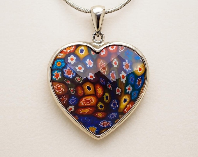 Millefiori Faceted Love Heart Shape Pendant 925 Sterling Silver