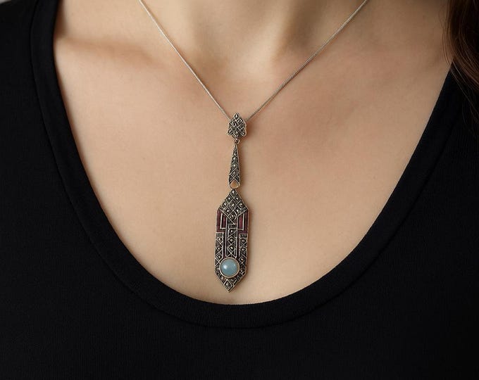 Art Deco Sterling Silver Marcasite Pendant Necklace with White Gilson Opal, Ruby and Emerald Gemstones Vintage Style 925 Silver Jewelry Gift