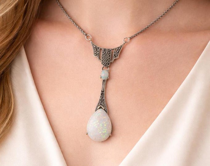 Art Deco Inspired White Gilson Opal Necklace 925 Sterling Silver Hallmarked