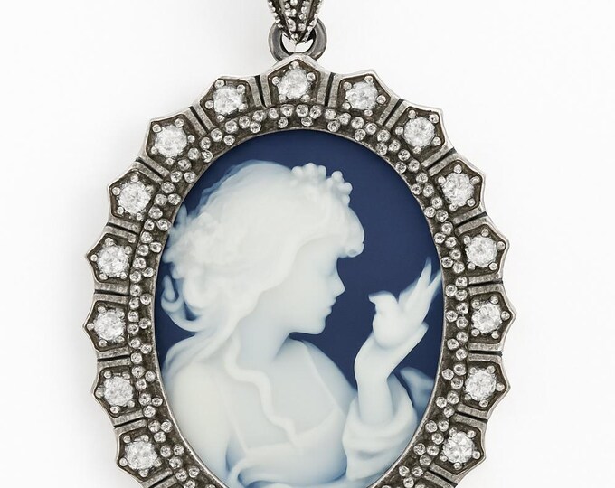 Vintage Style Silver Plated Cameo Pendant Necklace Oval Lady Profile with Marcasite and CZ Accents Victorian Inspired Statement Jewelry