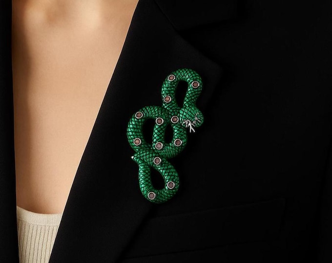 Sterling Silver Green Enamel Snake Brooch Pendant with Ruby Accents Vintage Style Serpent Jewelry