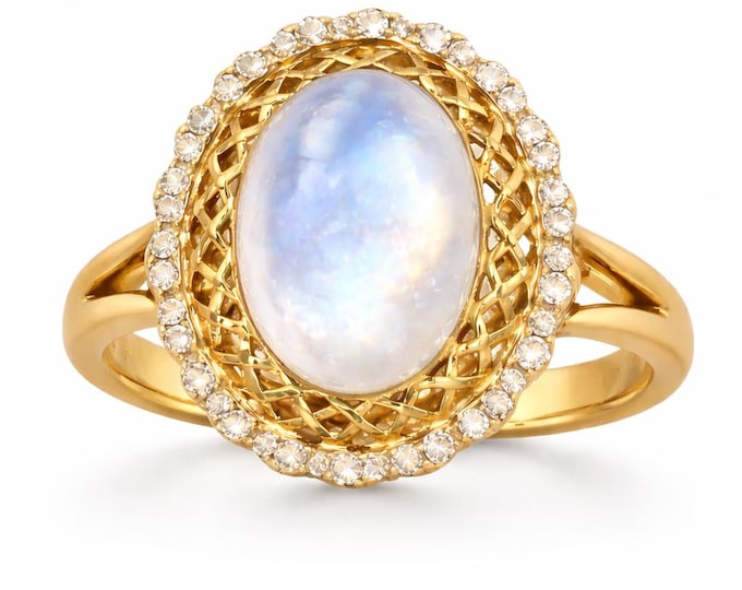 Gold Plated Sterling Silver Genuine Moonstone Halo Ring, Vintage Style, US 8