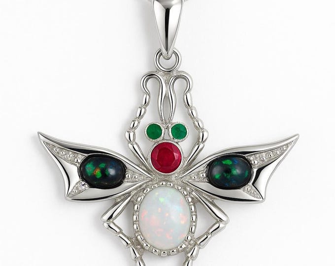Victorian Style Insect Pendant with Gilson Opal and Ruby Stone 925 Sterling Silver