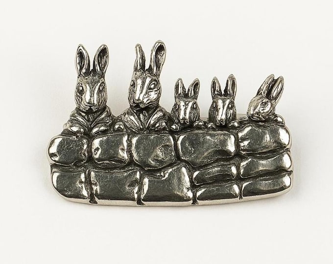 Sterling Silver Bunny Family Brooch Five Rabbits on Stone Wall Pin, Animal Lover Gift