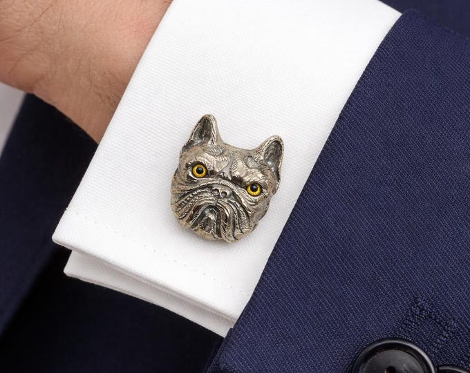 Antique Style Bulldog Glass Eyes 925 Sterling Silver Cufflinks Mens Gift