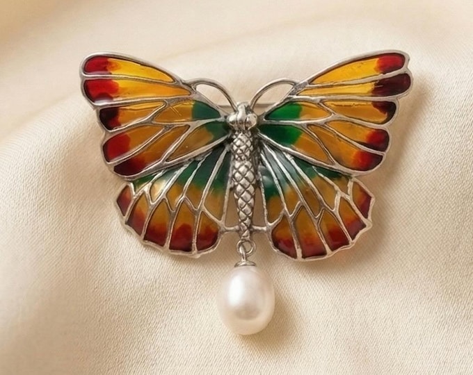 Plique-à-Jour Enamel 925 Sterling Silver Pearl Butterfly Brooch