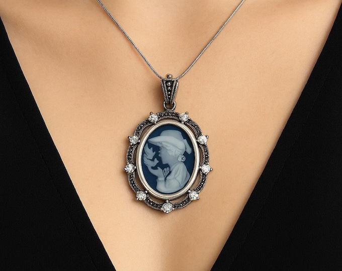 Vintage Style Silver Plated Cameo Pendant Necklace Oval Lady Profile with Marcasite and CZ Accents Victorian Inspired Statement Jewelry