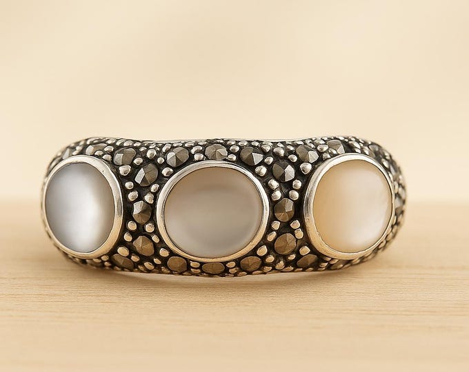 Vintage Style Sterling Silver Ring with Mother of Pearl and Marcasite Accents Art Deco Statement Jewelry