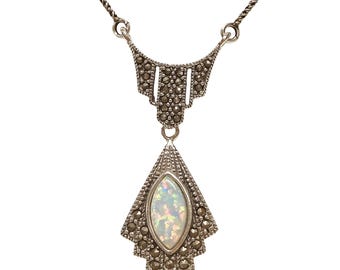 Art Deco Inspired White Blue Gilson Opal and Marcasite Pendant 925 Sterling Siver