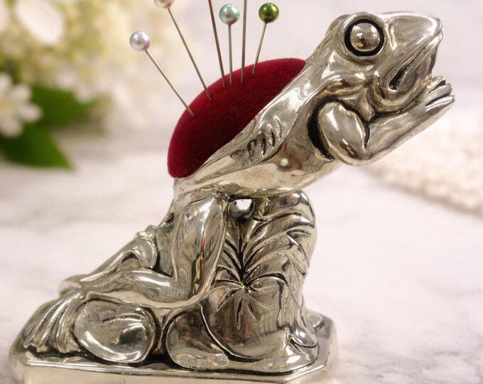 Vintage Silver Plated Frog Pin Cushion, Collectible Sewing Accessory