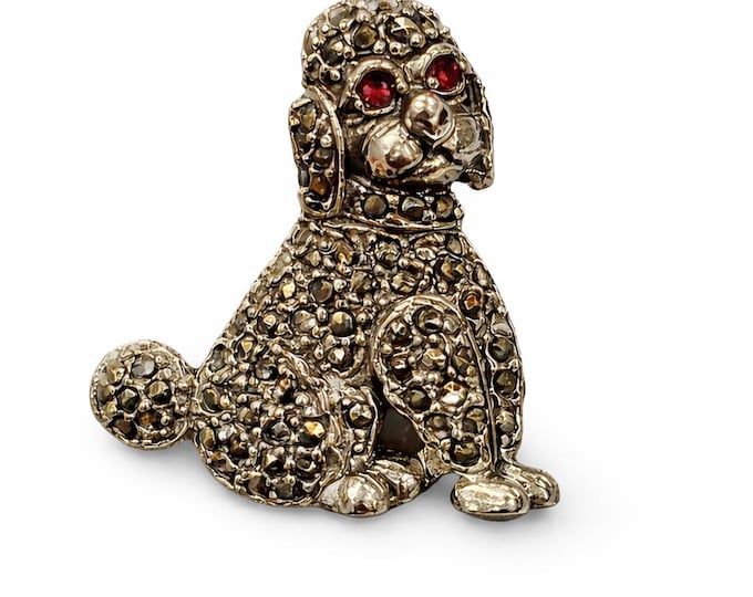 Antique Inspired Marcasite Dog Brooch Ruby Eye Collectable 925 Sterling Silver Dog Lover Gift