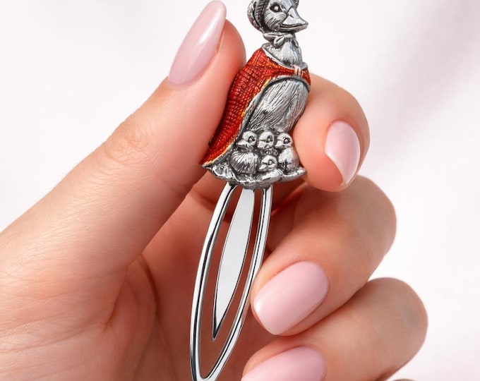Sterling Silver Red Enamel Duck Bookmark, Antique Style Duck Gift