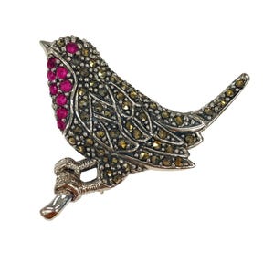 Antique Inspired Bird on Branch Ruby and Marcasite Brooch Pendant Collectable 925 Sterling Silver