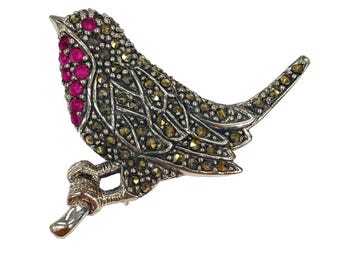 Antique Inspired Bird on Branch Ruby and Marcasite Brooch Pendant Collectable 925 Sterling Silver