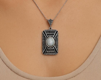 Art Deco Sterling Silver Marcasite Pendant Necklace, Gilson Opal & Onyx