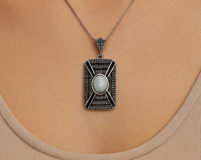 Art Deco Sterling Silver Marcasite and Onyx Pendant Necklace with White and Blue Gilson Opal Vintage Style 925 Silver Jewelry Gift
