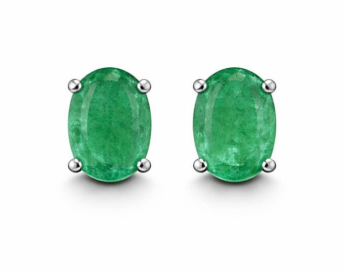 Natural Emerald Stud Earrings, Oval Cut, 925 Sterling Silver