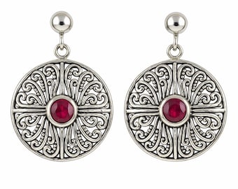 Sterling Silver Filigree Earrings with Ruby, Vintage Style Dangle