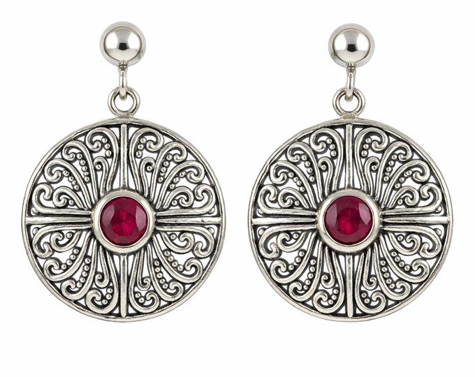 Sterling Silver Filigree Dangle Earrings with Ruby and Emerald Vintage Style Round Drop Earrings Boho Gift for Her