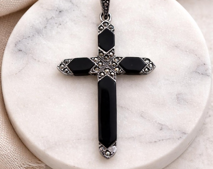 Victorian Style 925 Sterling Silver Onyx and Marcasite Cross Pendant Antique Inspired Gemstone Necklace