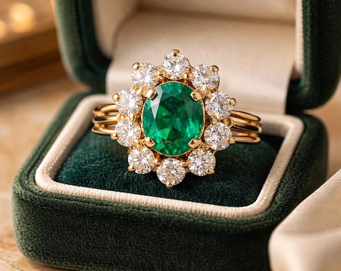 18ct Gold Emerald and Diamond Cluster Engagement Ring