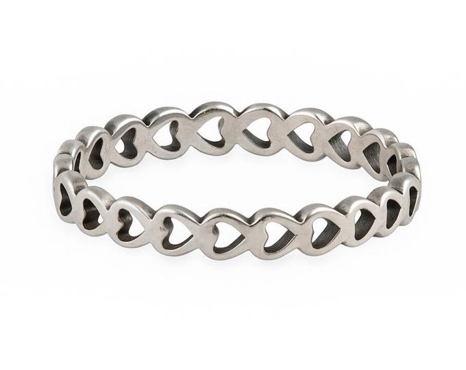 925 Sterling Silver Heart Eternity Band Open Heart Stackable Ring, Dainty Love Ring, Minimalist Promise Ring for Women