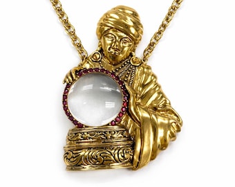 Vintage Style Ruby Fortune Teller Magnifying Glass Necklace 18ct Gold Plate with Chain