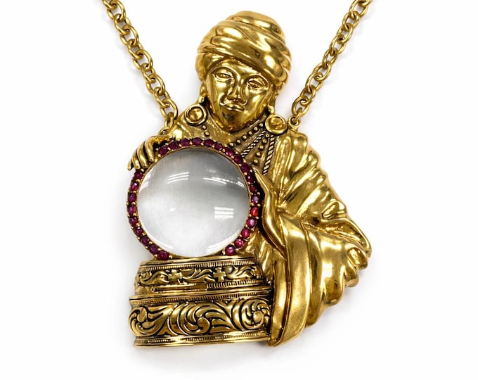 Vintage Style Ruby Fortune Teller Magnifying Glass Necklace 18ct Gold Plate with Chain