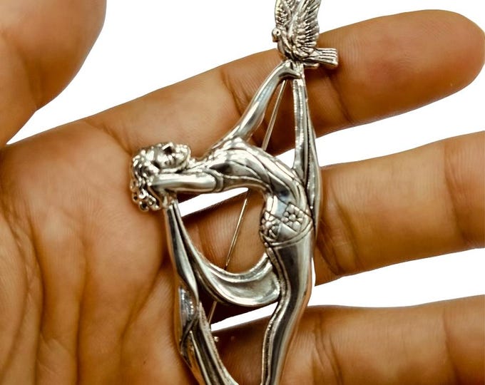 Antique Inspired Lady with Bird Brooch Collectable 925 Sterling Silver