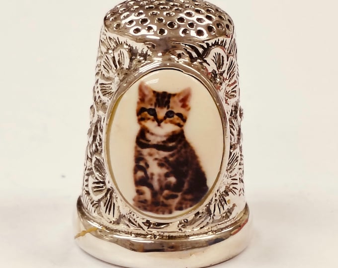 Antique Inspired Kitten Cat Enamel Floral Thimble 925 Sterling Silver