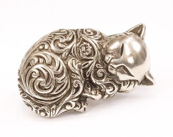 Antique Inspired Collectable Sleeping Kitten Cat Figurine 925 Sterling Silver