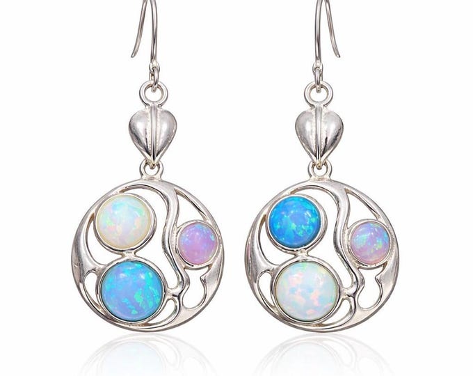 925 Sterling Silver Opal Drop Earrings Triple Opal Dangle Earrings Art Nouveau Style – Vintage Inspired Jewellery