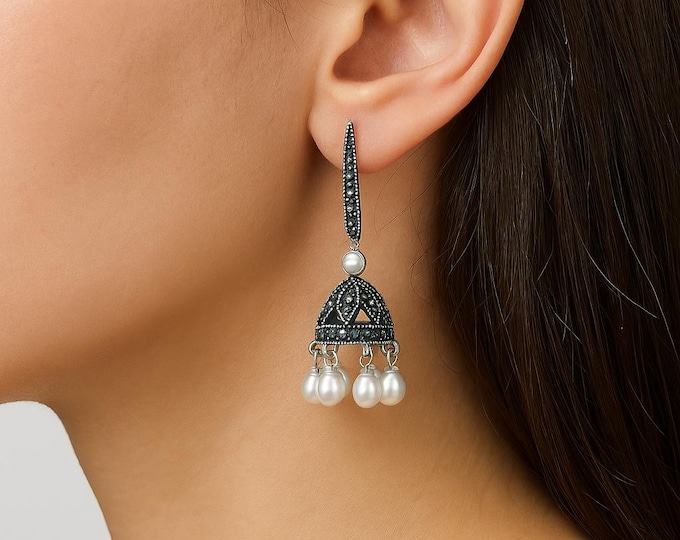 Vintage 925 Sterling Silver Marcasite Earrings with Dangling Pearls Antique Style Drop Earrings