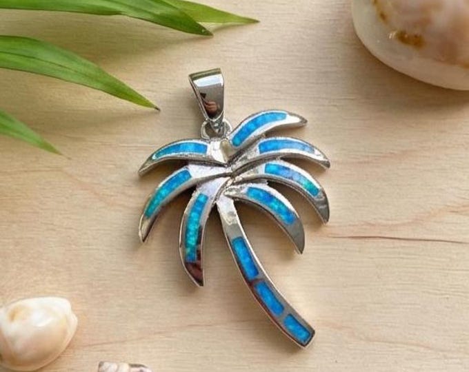 Blue Gilson Opal Palm Tree Pendant 925 Sterling Silver