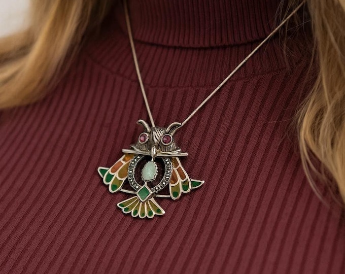 Art Nouveau Plique-à-Jour Enamel Owl Brooch Pendant with Opal, Ruby and Marcasite 925 Sterling Silver