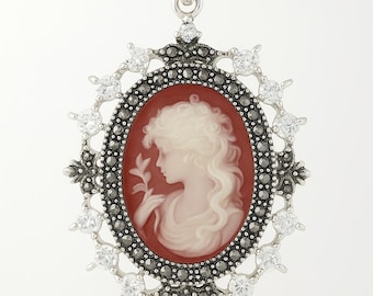 Silver Plated Cameo Pendant Necklace, Marcasite & CZ Accents