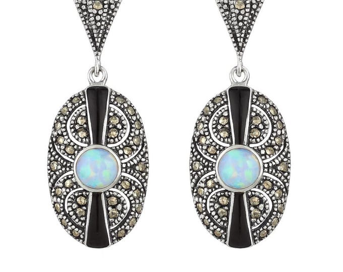 Art Deco Sterling Silver Drop Earrings with Opal, Onyx and Marcasite Vintage Style Statement Jewelry