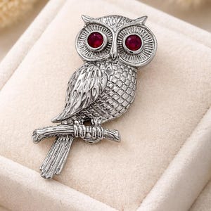 Vintage Sterling Silver Owl Brooch, Ruby Eyes, Woodland Jewelry