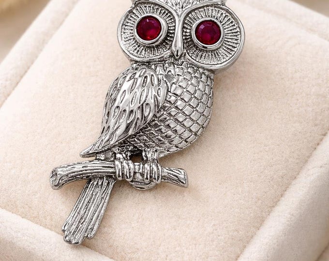 Vintage Owl Brooch Pendant with Ruby Eyes Animal Jewelry Gift, Woodland Nature Lover Accessory, Collectible Retro Owl Pin